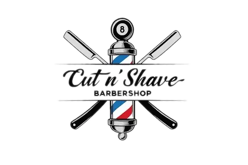 Logo barbershopu z napisem Cut n' Shave i brzytwami.